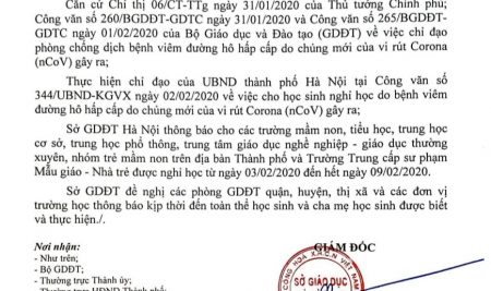 Sở GDĐT Hà Nội thông báo cho các trường được nghỉ học từ ngày 03/02 – 09/02/2020