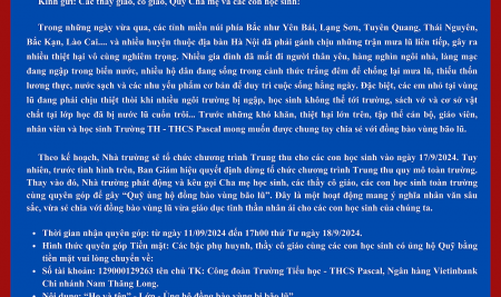 Pascal School thông báo dừng tổ chức chương trình Tết Trung thu và kêu gọi quyên góp ủng hộ đồng bào miền Bắc chịu ảnh hưởng của cơn bão Yagi