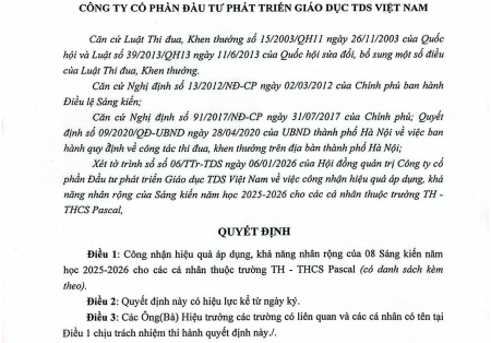 Quyết định: Về việc công nhận hiệu quả áp dụng, khả năng nhân rộng của Sáng kiến cho các cá nhân thuộc trường TH – THCS Pascal
