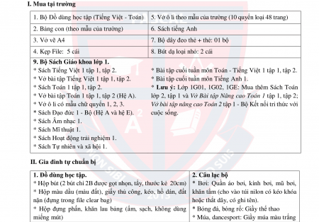 Thông báo: Hành tranh khối Tiểu học năm học 2026 – 2027